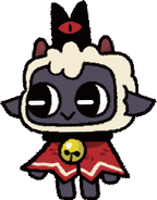 Sprite of The Lamb, a white lamb wearing a red cloak with white trim and a gold bell clasp and a black crown with a red eye motif in the center.