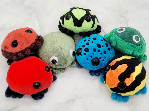 Seven frog plushies sitting in a semi circle facing the viewer. They are brightly colored to look like amazonian poison dart frogs.