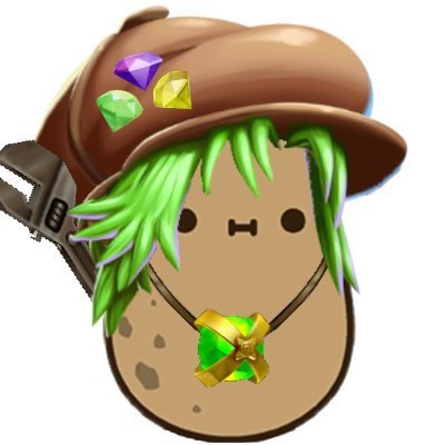 Avatar drawing of a potato with small brown spots and shaggy green hair, wearing a brown "newsie" style cap and a necklace with a Spyro orb. The cap has three gems affixed to the side. The potato is also carrying a wrench behind it's back.